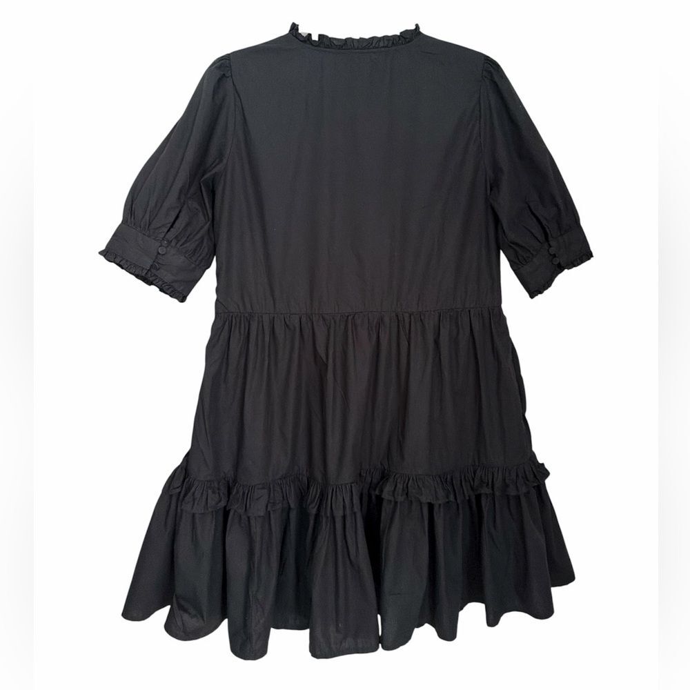 J.Crew Black Cotton Ruffle Neck Tiered Popover Mini Dress Women’s Puff Sleeve S - Picture 2 of 13